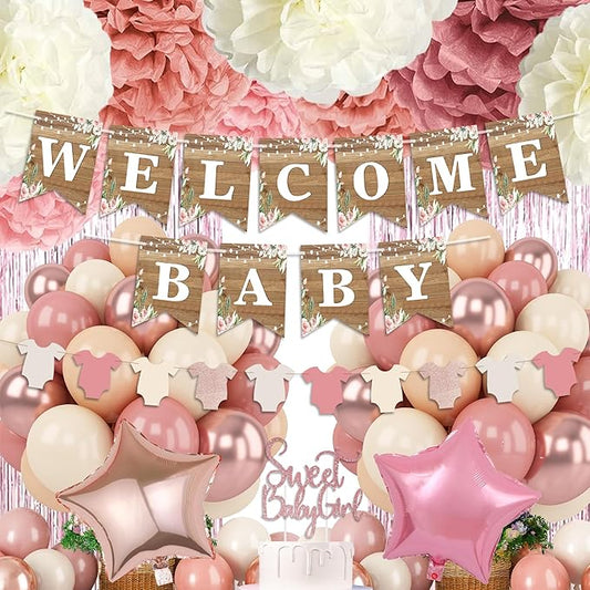 Dusty Pink Baby Shower Decoration, Girl Baby Shower Decor Set with Welcome Baby Banner,Tissue Pom Poms,Sweet Baby-girl Cake Topper,Retro Blush Rosegold Balloon,Boho Baby Gril Shower Party Supplies