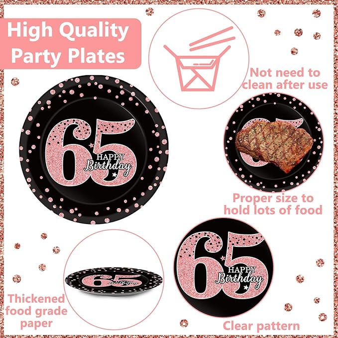 96 Pcs 65th Birthday Plates and Napkins Party Supplies Happy 65th Birthday Decorations Rose Gold and Black 65 Years Old Tableware Set for Women Men Party Favors for 24 Guests
