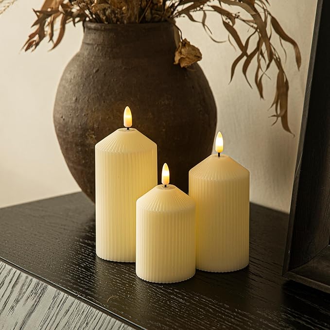 Flameless Candles with Remote, 3 Pack Battery Operated Candles Real Wax LED Fake Pillar Candles with Timer Flickering Battery Candle for Wedding Home Party, Ivory