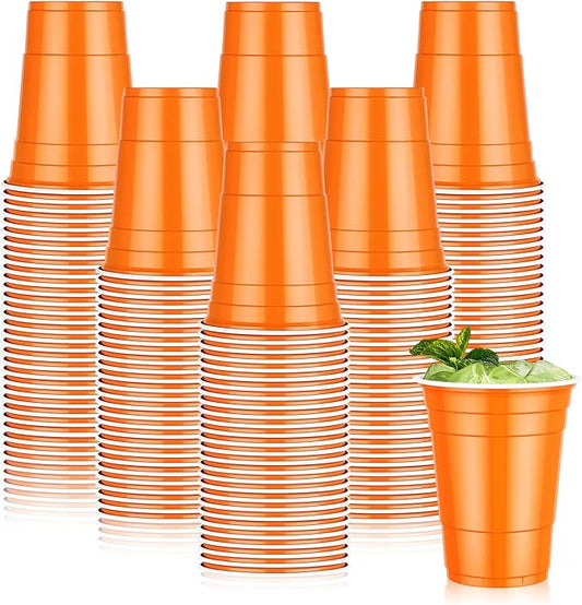 Dualshine 100 Pack Halloween Orange Plastic Cups 16 oz, Disposable Cups for Party, Heavy Duty Drinking Cups for Wedding Birthday Halloween Beer Taste Serving Snack Sample Tastings Barbecues Picnic