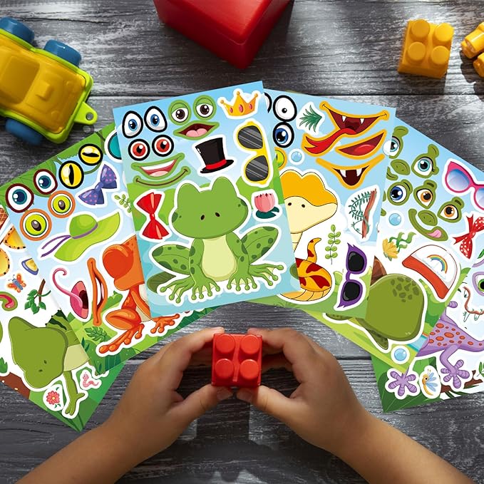 36 PCS Make a face Sticker for Kids Toddlers, Make Your Own Reptile Animal Mix and Match Sticker with Snakes, Lizards, Frogs, Turtles, Kids Party Favor Craft Supplies