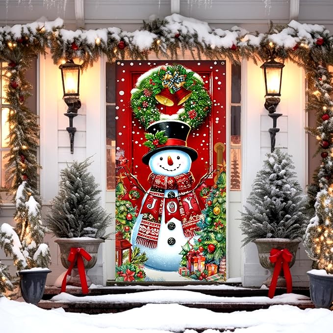 71 x 35 Inch Christmas Snowman Door Cover Banner - Festive Holiday Decorations, Large Front Door Porch Yard Sign Seasonal Backdrop for Wall Indoor Outdoor Xmas Photo Booth Props Winter Party Supplies