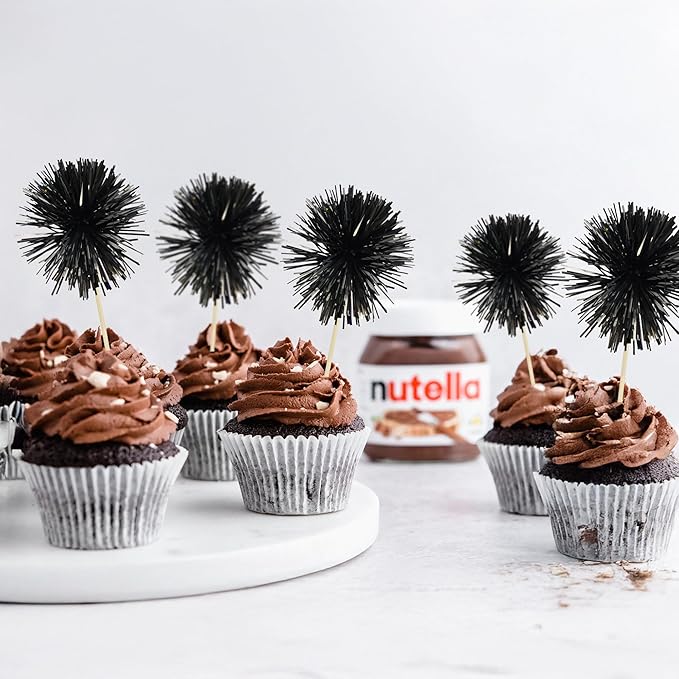 Ephlyn 30Pcs Foil Firework Cupcake Toppers Sparkle Tinsel Cupcake Picks Happy Birthday Cake Decorations Drink Stirrers Cocktail Food Fruit Toothpicks for Baby Shower Graduation Party Supplies Black