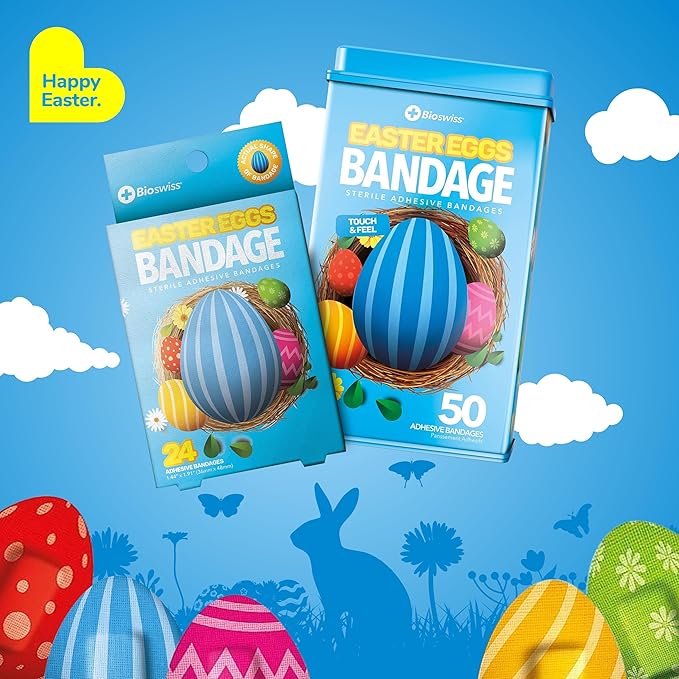 BioSwiss Kids Bandages, Easter Egg Shaped Self Adhesive Bandage Set, Latex Free, Sterile Wound Care, 50 Count