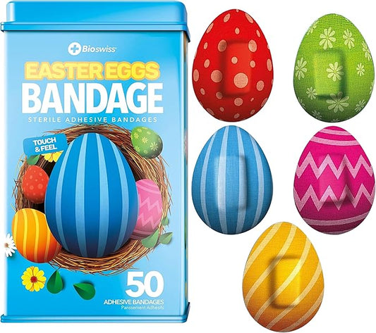BioSwiss Kids Bandages, Easter Egg Shaped Self Adhesive Bandage Set, Latex Free, Sterile Wound Care, 50 Count