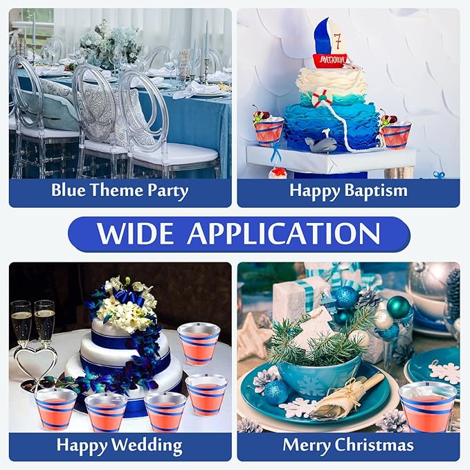 Gejoy 9 oz Rimmed Swirl Plastic Cups Disposable Wine Drinking Cups Clear Elegant Halloween Tumblers for Christmas Party Supplies(Blue,100 Pcs)