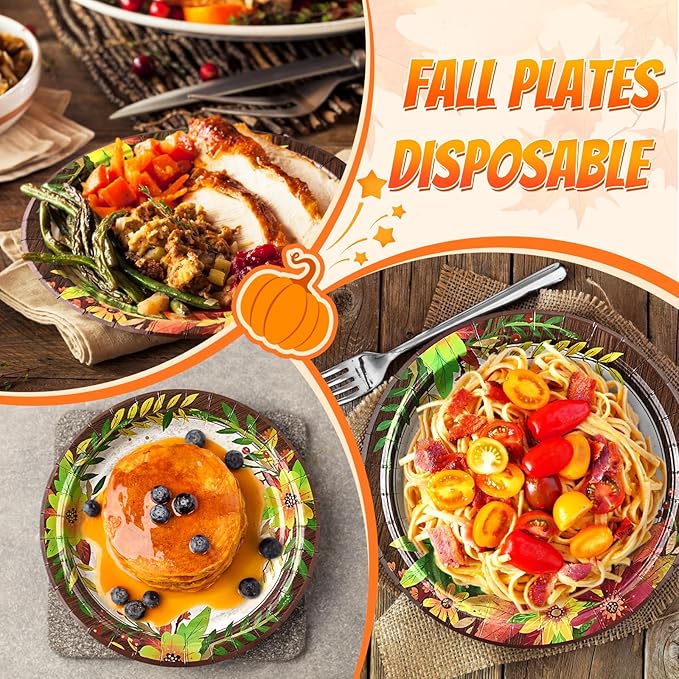 Homlouue 200 Pcs Fall Paper Plates and Napkins, Thanksgiving Plates and Napkins Sets, Fall Pumpkins Plate Disposable Party Supplies, Heavy Duty Thanksgiving Paper Plate Disposable (9" & 7" Plates)
