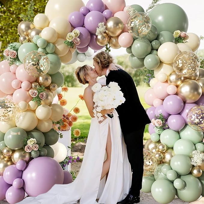 152Pcs Dusty Green Purple Pink Balloon Arch Garland Kit, Blush Pink Lavender Pastel Yellow Mist Green Gold Confetti Balloons for Baby Shower Wedding Engagement Birthday Party Decorations