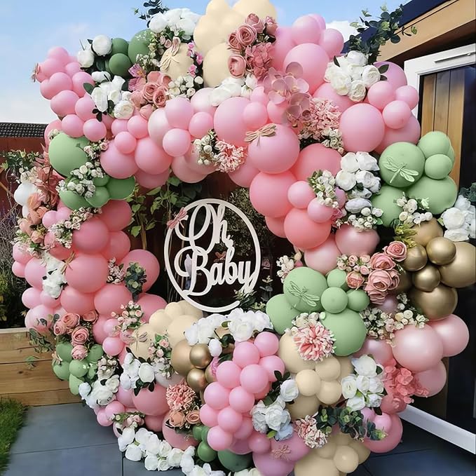 Pink and Green Balloons, Sage Green White Sand Party Balloons Chrome Metallic Gold Balloons Green Pink Latex Balloons for Kids Adults Boho Birthday Jungle Safari Party Wedding Baby Shower Graduation