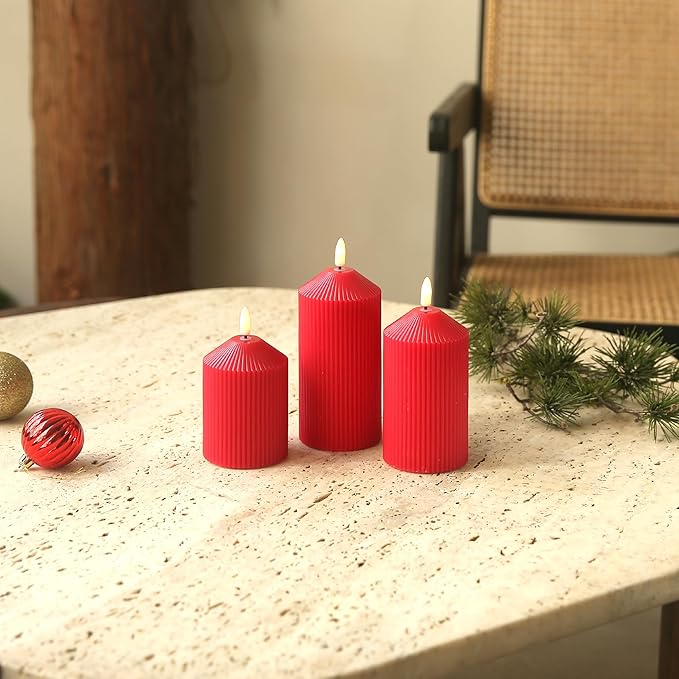 Flameless Candles with Remote, Battery Operated Candles Real Wax LED Fake Pillar Candles with Timer Flickering Flame for Wedding Home Party, Set of 3 Red