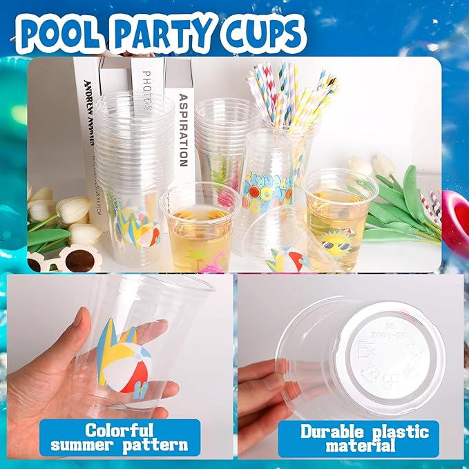 taupphoo 48PCS Beach Pool Party Plastic Cups with Paper lids Summer 16oz Luau Swimming Party Disposable Plastic Cups Drinkware for Beach Ball Pool birthday Decorations favors