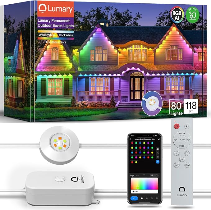 Lumary Permanent Outdoor Lights Pro with Remote, 105ft with 80LED 4000lm RGBAICW Smart Eave Lights, Work with Alexa Google IP67 Waterproof, Multi Scenes for Daily & Accent Lighting Chirstmas Decor