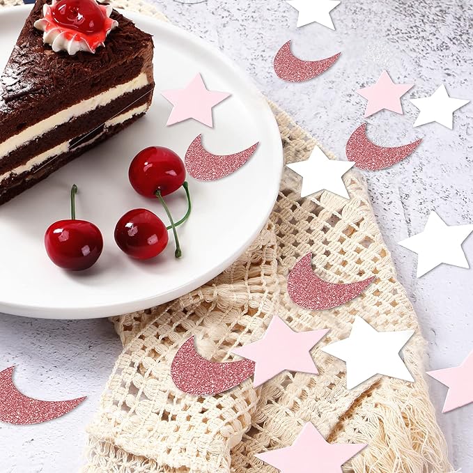 Rose-Gold Pink-White Moon Star Confetti - 300pcs Glitter Twinkle Little Star Table Confetti Eid Ramadan Mubarak Decoration Birthday Wedding Baby Bridal Shower Party Decor Lasting Surprise