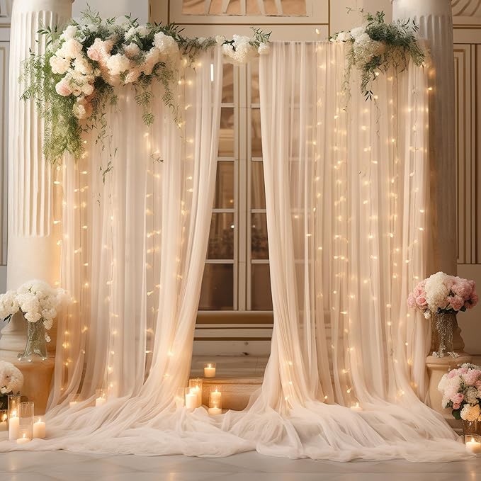 20ft x 10ft Champagne Backdrop Curtain with Lights String for Parties, Sheer Tulle Wedding Photo Backdrops Drapes for Baby Shower Birthday Party Decorations Background for Photography