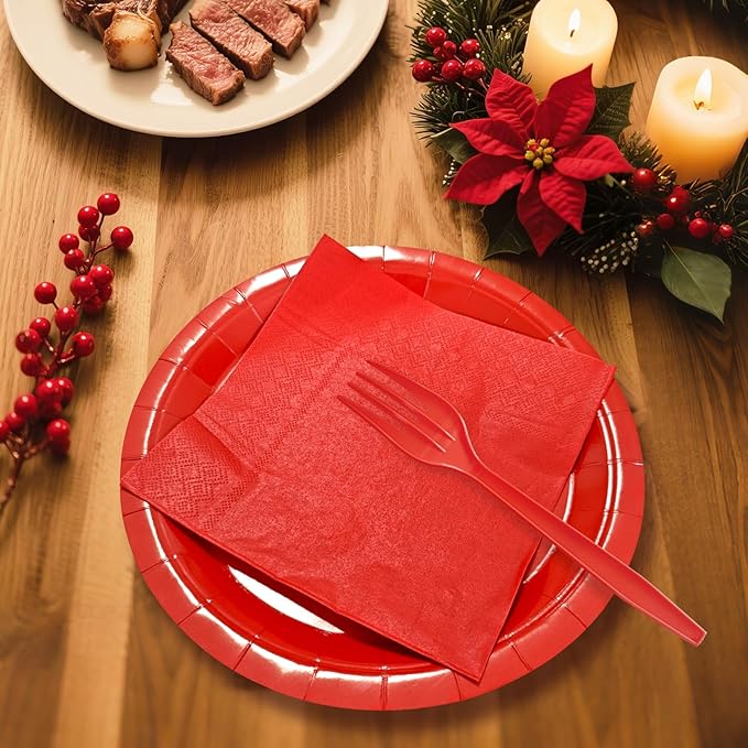 Red Paper Plates 9 Inch Set Disposable Red Birthday Dessert Dinner Plates and Napkins Party Supplies(75 PCS)