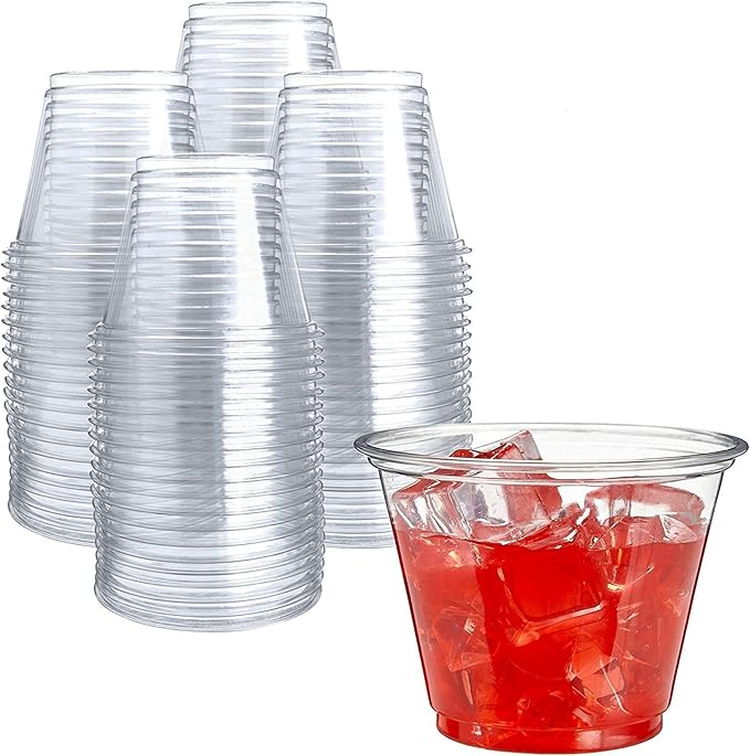 Prestee Clear Plastic Cups – 9oz Disposable PET Water, Wine, and Drink Glasses – Crystal Clear, Durable, Recyclable Party Cups – 100 Count for Holiday, Events, Coffee Shops, Restaurants