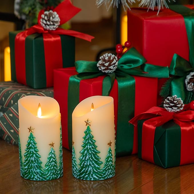 Christmas Tree Flameless Candles with Remote and Timer, Real Wax LED Pillar Candle with Flickering Flame, Embossed Design, Battery Operated Candles Xams Holiday Home Décor