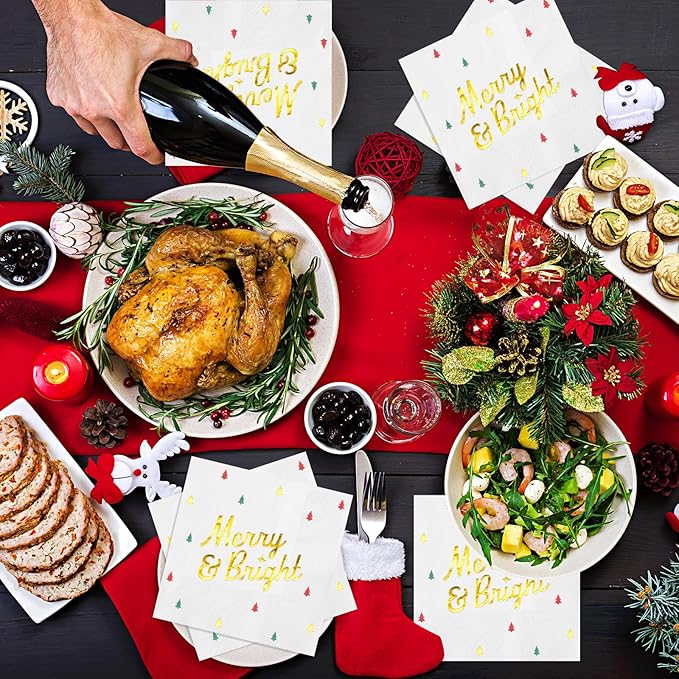 100 Pcs Christmas Tree Paper Napkins Disposable, Merry Bright Red Green Gold Foil Cocktail Napkins, Xmas Holiday Square Party Guest Dinner Napkin for Christmas Winter Party Supplies, 6.5x6.5 Inch