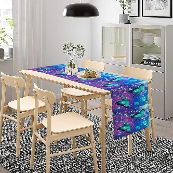 Floral Butterfly Spring Table Runner, Blue Flowers Seasonal Kitchen Dining Table Decoration for Home Party Decor 13x70 Inch