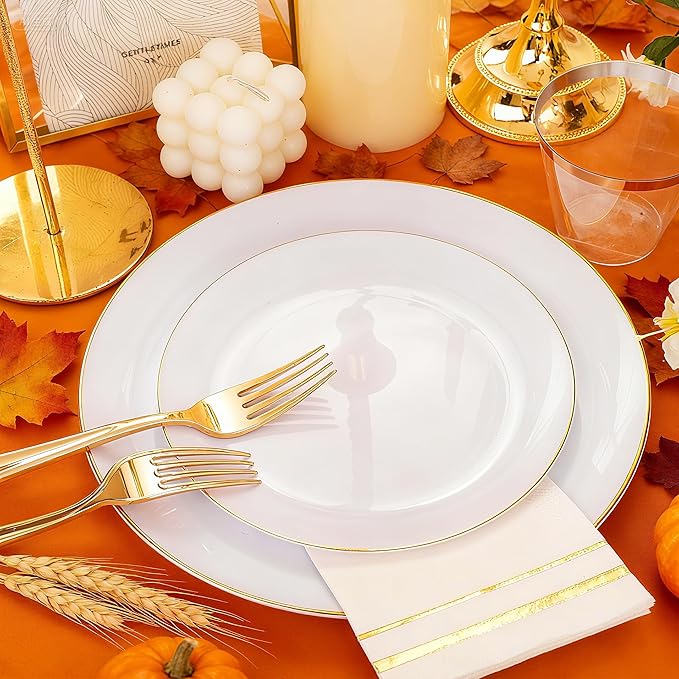 Festiva 176Pcs White and Gold Plastic Plates - White with Gold Rim Fall Dinnerware Set - 25Guest include Plates Cups Cutlery Napkins for Fall Party&Wedding& New Year&Thanksgiving