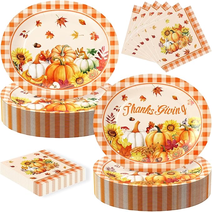 100 Pcs ThanksGiving Oval Paper Plates and Napkins Set, 10" x 12" Large Disposable Pumpkin Plates for ThanksGiving Party Supplies