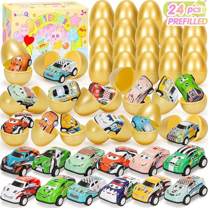 SevenQ Toy Cars Easter Egg Fillers 24 Pcs, Prefilled Easter Basket Stuffers Gifts for Kids Mini Race Car Party Favors Treasure Box Toys for Classroom Birthday Chest Prizes Goodie Bag Hunt Easter Games