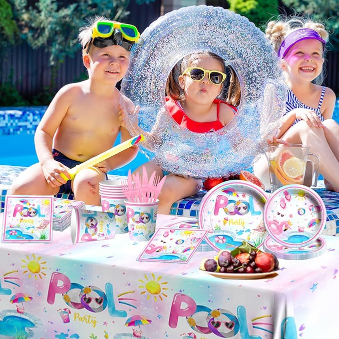 Pool Party Supplies,141pcs Pink Pool Birthday Tableware Decorations Pool Party Plates Cups Summer Theme Napkins Beach Ball Tablecloth for Hawaii Party Decoration