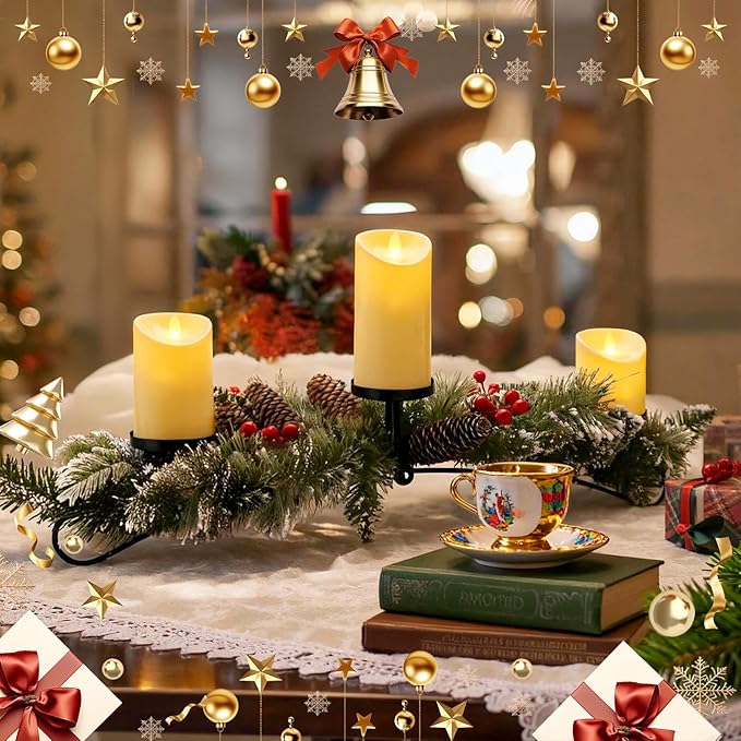 Christmas Candle Holder with 3 Electric Candles, Tabletop Decoration for Christmas Home Decor, Holiday Party Table Decorations Candle Holder with Pine Cone, Red Ball, Pine Needle