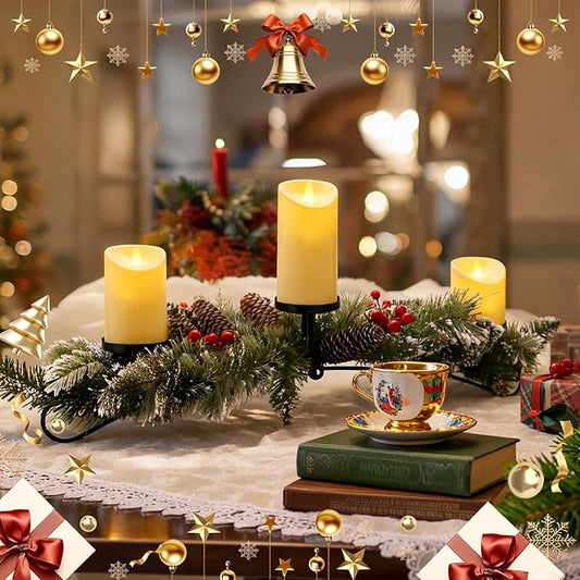 Christmas Candle Holder with 3 Electric Candles, Tabletop Decoration for Christmas Home Decor, Holiday Party Table Decorations Candle Holder with Pine Cone, Red Ball, Pine Needle