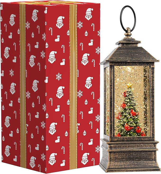 10'' Lighted Christmas Tree Cardinal Music Snow Globe Water Lantern with Swirling Glitter Decoration for Christmas Home, Living Room, Battery Operated or USB Powered