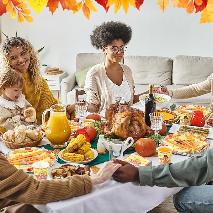 Pickmesh 400 Pcs Turkey Thanksgiving Party Supplies Include Disposable Paper Plates Napkins Cups Cutlery Harvest Dinnerware for Fall Autumn Thanksgiving Party Decorations Serve 50