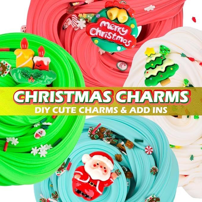 Christmas Butter Slime Kit 4 Pack, Santa Claus, Xmas Tree, Wreath, Candlestick Charms Mix Ins for Girl Boy, Holiday Slime for Christmas Stocking Stuffers, Premade Xmas Slime Kids Party Favors