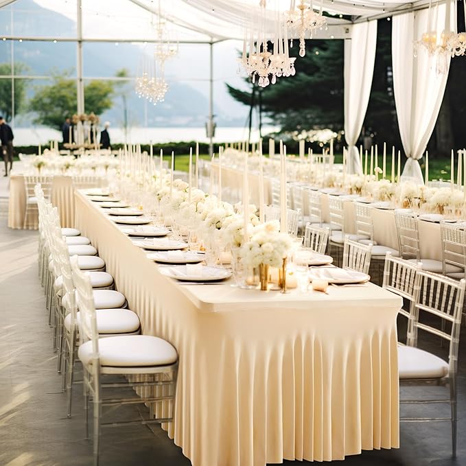 1 Pack Dark Champagne Table Clothes for 6 Foot Rectangle Tables, One-Piece Wrinkle Resistant Stretch Spandex Table Covers with Skirt for Event Banquet Wedding Birthday Party