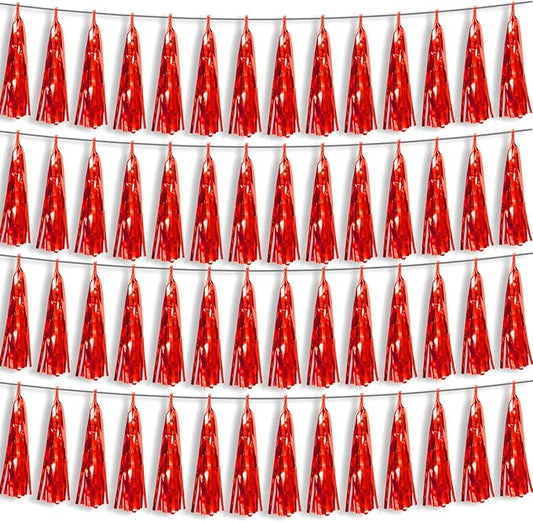 4P Red Foil Fringe Metallic Tassel Streamers Banner Tassel Garland for Parade Floats, Bachelorette, Wedding, Birthday, Halloween, Christmas, Bridal/Baby Shower Party Decorations