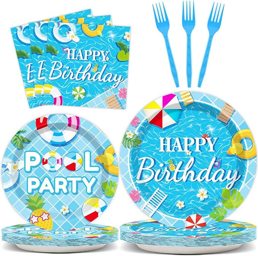 96 Pieces Pool Birthday Party Tableware Set for Summer Beach Table Decorations Supplies Beach Ball Dessert Plates Summer Pool Party Napkins Forks for 24 Guests Hawaiian Birthday Party Favors