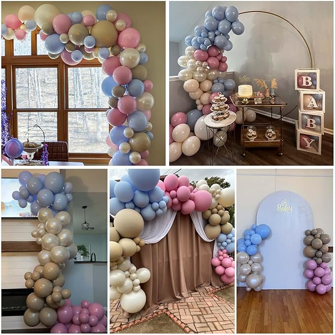 Pink Blue Balloons 60 Pcs Dusty Pink Blue Brown Balloons 12 Inch Retro Slate Blue Pink Tan Khaki Brown White Sand Balloon for Boho Gender Reveal Boys or Girls Baby Shower Birthday Party Decorations
