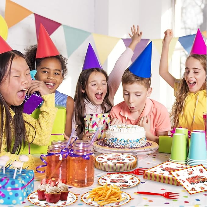 96Pcs Firetruck Birthday Party Decorations for 24 Guests - Disposable Tableware Firetruck Party Supplies Plates and Napkins Forks for Boys Baby Shower Birthday Decorations