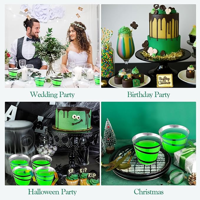 Gejoy 9 oz Rimmed Swirl Plastic Cups Disposable Wine Drinking Cups Clear Elegant Halloween Tumblers for Christmas Party Supplies(Black，green,100 Pcs)