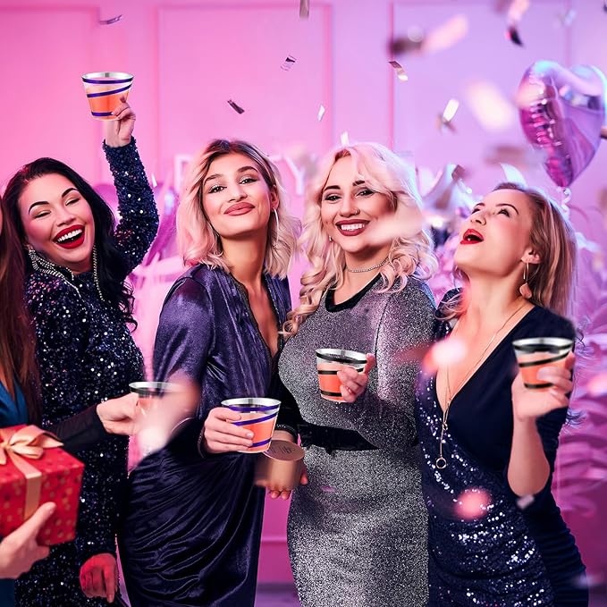 Gejoy 9 oz Rimmed Swirl Plastic Cups Disposable Wine Drinking Cups Clear Elegant Halloween Tumblers for Christmas Party Supplies(Purple, Black,100 Pcs)