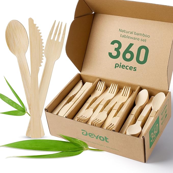 Devot 100% Natural Bamboo Disposable Cutlery Set - 360 Mix (90 Knives, 180 Forks, 90 Spoons) 6.7", Eco Friendly Utensils, Biodegradable, Compostable and Perfect For Weddings, Camping, Party