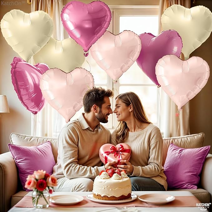 KatchOn, Pastel Valentines Heart Balloons Foil - 18 Inch Pack of 12 | Heart Shaped Balloons for Valentines Day Decorations | Galentines Balloons, Galentines Day Decorations | Valentines Heart Balloons