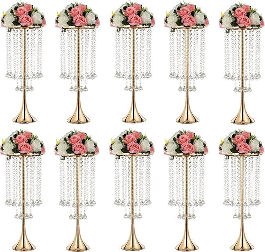 10Pcs 21.88" Centerpieces Tall Crystal Metal Vase Gold Flower Stand Vase for Table Wedding Centerpieces Decoration-Artificial Flower Vase for Dining