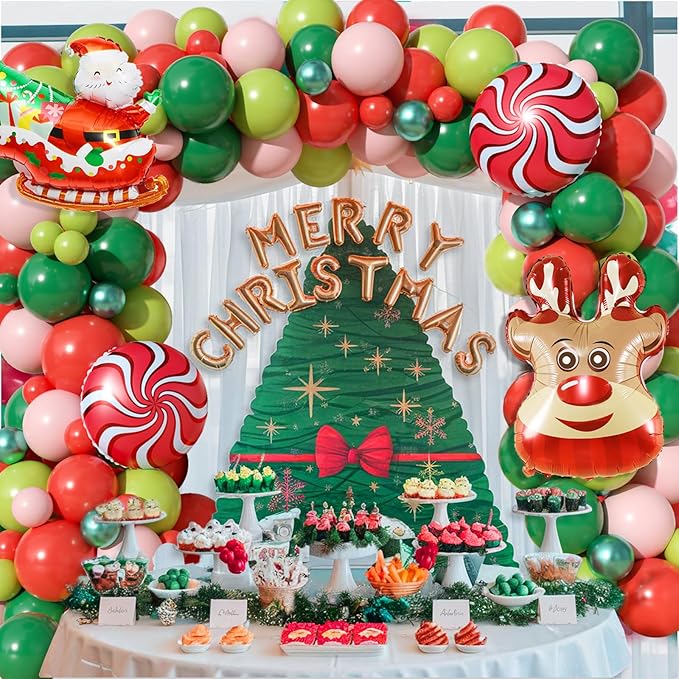 Christmas Balloon Arch Kit, Red Pink Green Christmas Balloon Garland Kit for Xmas Party Decorations, Xmas Balloon Arch Garland with Elk, Santa Claus, Windmill Foil Balloons