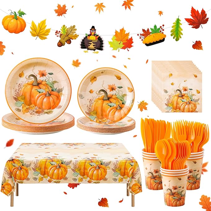 WinTS 170 pcs Thanksgiving Plates Set for 24 Guests,9" x 7" Thanksgiving Themed Party Disposable Dinnerware Set Thanksgiving Pumpkin Dinner Paper Plates for Harvest Autumn Holiday Fall Party