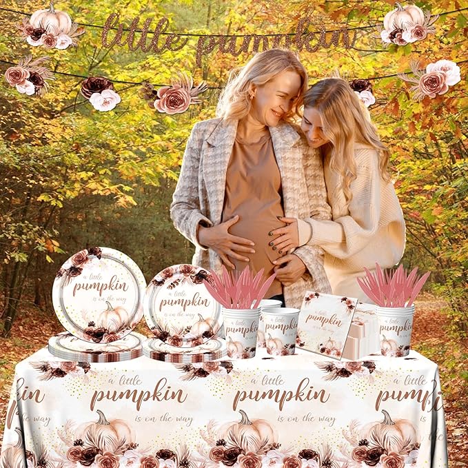 Little Pumpkin Baby Shower Decorations,142PCS Fall Baby Shower Tableware Decorations Include Disposable Little Pumpkin Plates Cups Napkins Tablecloth for Little Pumpkin is On The Way Baby Shower, Boy Girl Little Pumpkin 1st Birthday Party Supplies