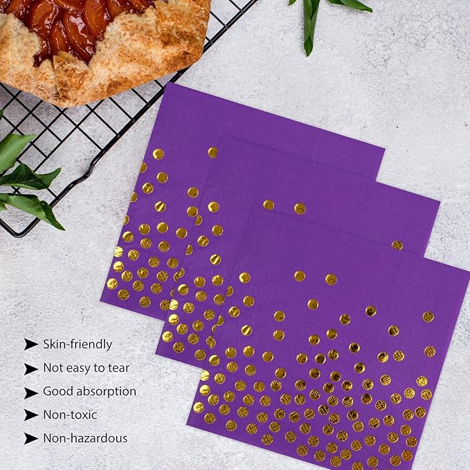 50PCS Purple Paper Plates and Napkins Set - Purple and Gold Dot Party Plates Disposable Party Tableware Dinnerware Set Party's Supplies Decorations for Birthdays, Baby Shower, Weddings and Holidays