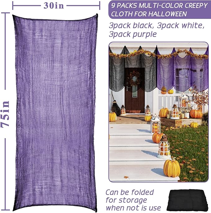 ZeeDix 9 Pack Halloween Creepy Cloth 30 x 75 Inch Spooky Scary Gauze Cloth Creepy Cheesecloth for Halloween Party Supplies Outdoor Yard Home Wall Doorways(Black, White, Purple)