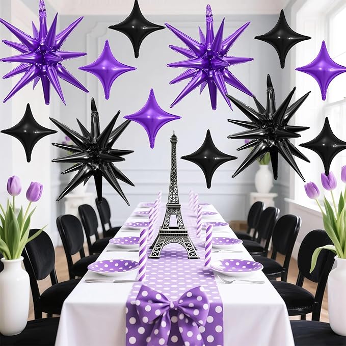Black Purple Star Balloon,6Pcs 22Inch Explosion Star Balloons and 10Pcs 10Inch Four Angle Balloons Kit for Halloween Birthday Anniversary Graduation Baby Shower Wedding Party Decorations