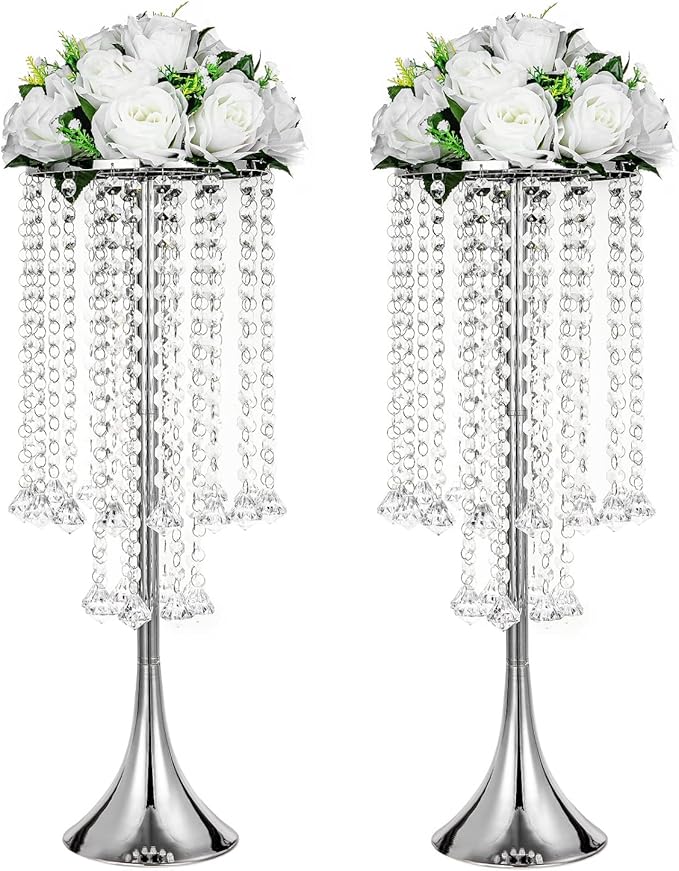 2Pcs 21.88" Height Elegant Centerpieces with Chandelier Crystals Metal Vase Silver Flower Stand for Table Wedding Centerpieces Decorations, Christmas,Event, Home, Party