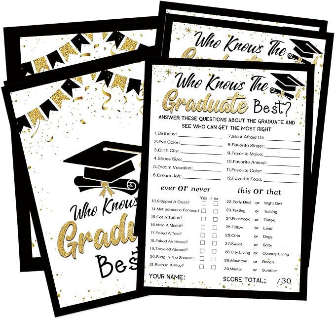 Who Knows The Graduate Best, 30 Black Gold Grad Party Games Cards, Graduation Games 2025 Party Favors, Graduation Party Decorations for Senior High School College University